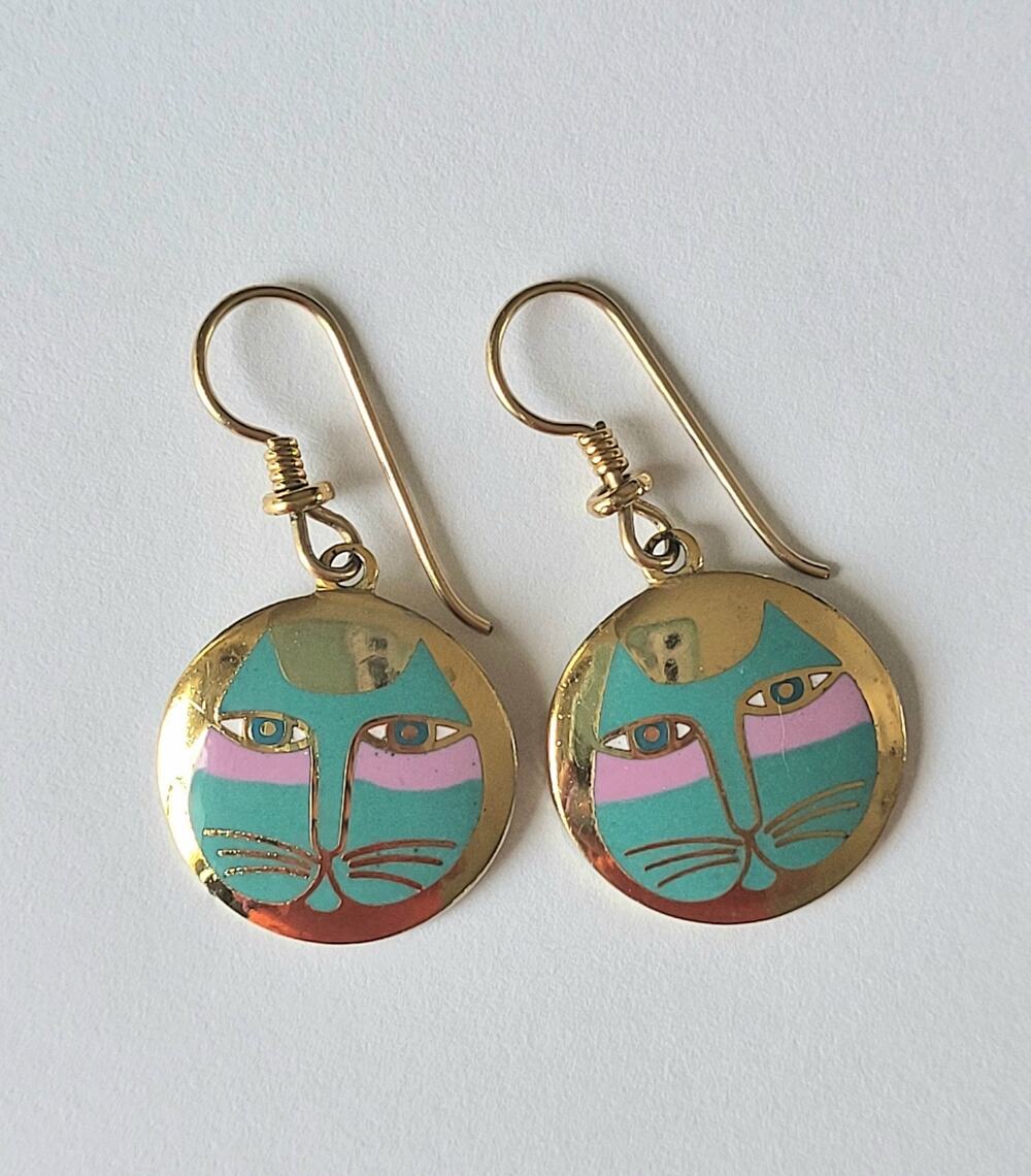 Laurel Burch Vintage Gold Tone "Moon Cat" Dangle Drop Earrings